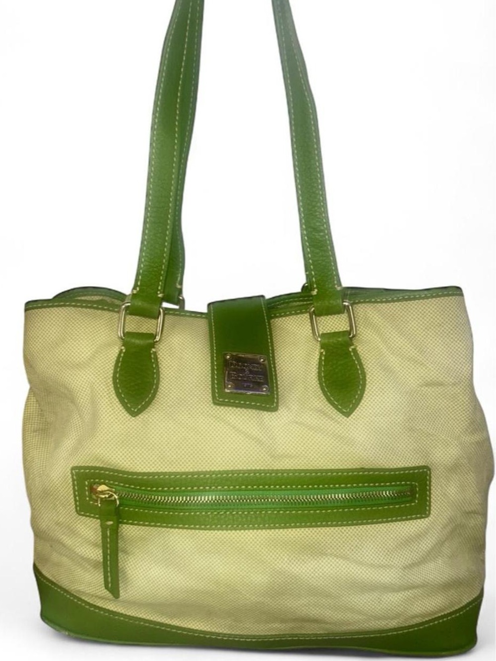 Dooney & Bourke Green Leather & Beige Canvas Large Shoulder Tote